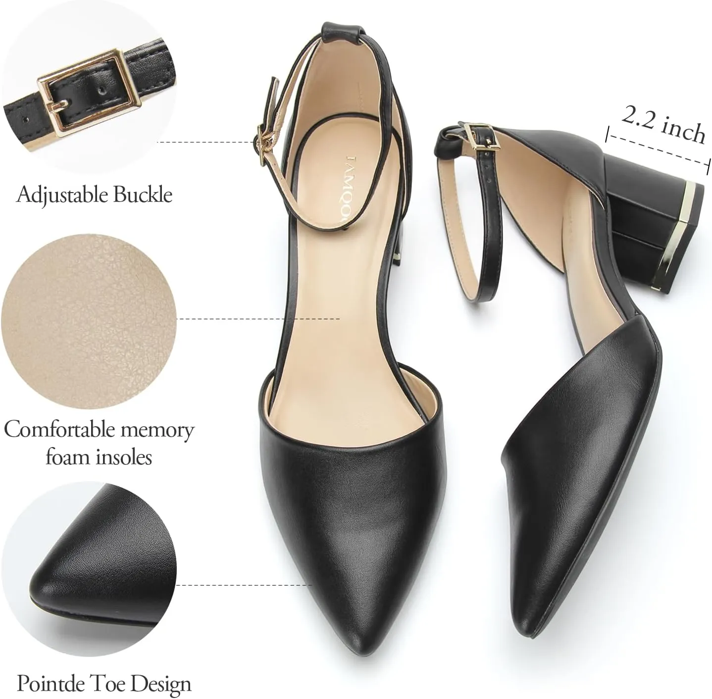 Pointed Toe Low Chunky Heels Pump Shoes Closed Toe Heels for Women Low Block Chunky Women Pumps with Ankle Strap 2.25 Inch Comfortable Wedding Pumps