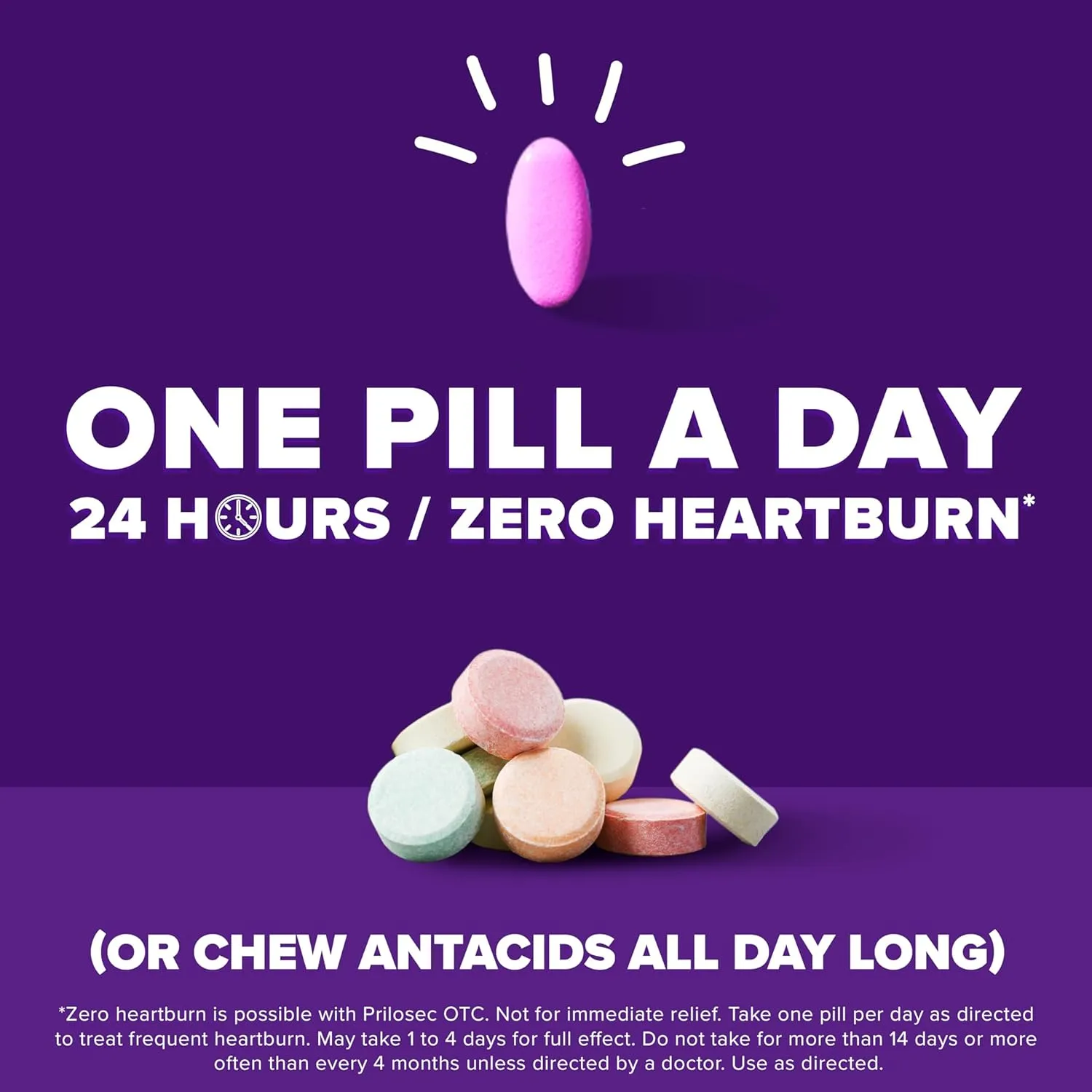 Prilosec OTC, Omeprazole Delayed Release 20mg, Acid Reducer, Treats Frequent Heartburn for 24 Hour Relief, All Day, All Night*, 20mg, Wildberry Flavor, 42 Tablets (Pack of 2)