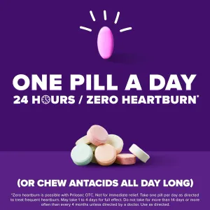 Prilosec OTC, Omeprazole Delayed Release 20mg, Acid Reducer, Treats Frequent Heartburn for 24 Hour Relief, All Day, All Night*, 20mg, Wildberry Flavor, 42 Tablets (Pack of 2)