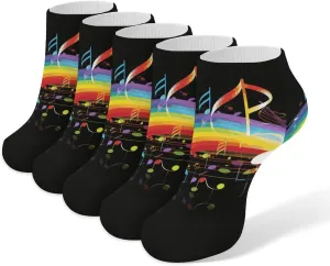 Rainbow Musical Note Melody Ankle Socks for Men & Women, 5 Pairs Breathable Soft Low Cut Socks, Stretch Sweat Wicking Sox