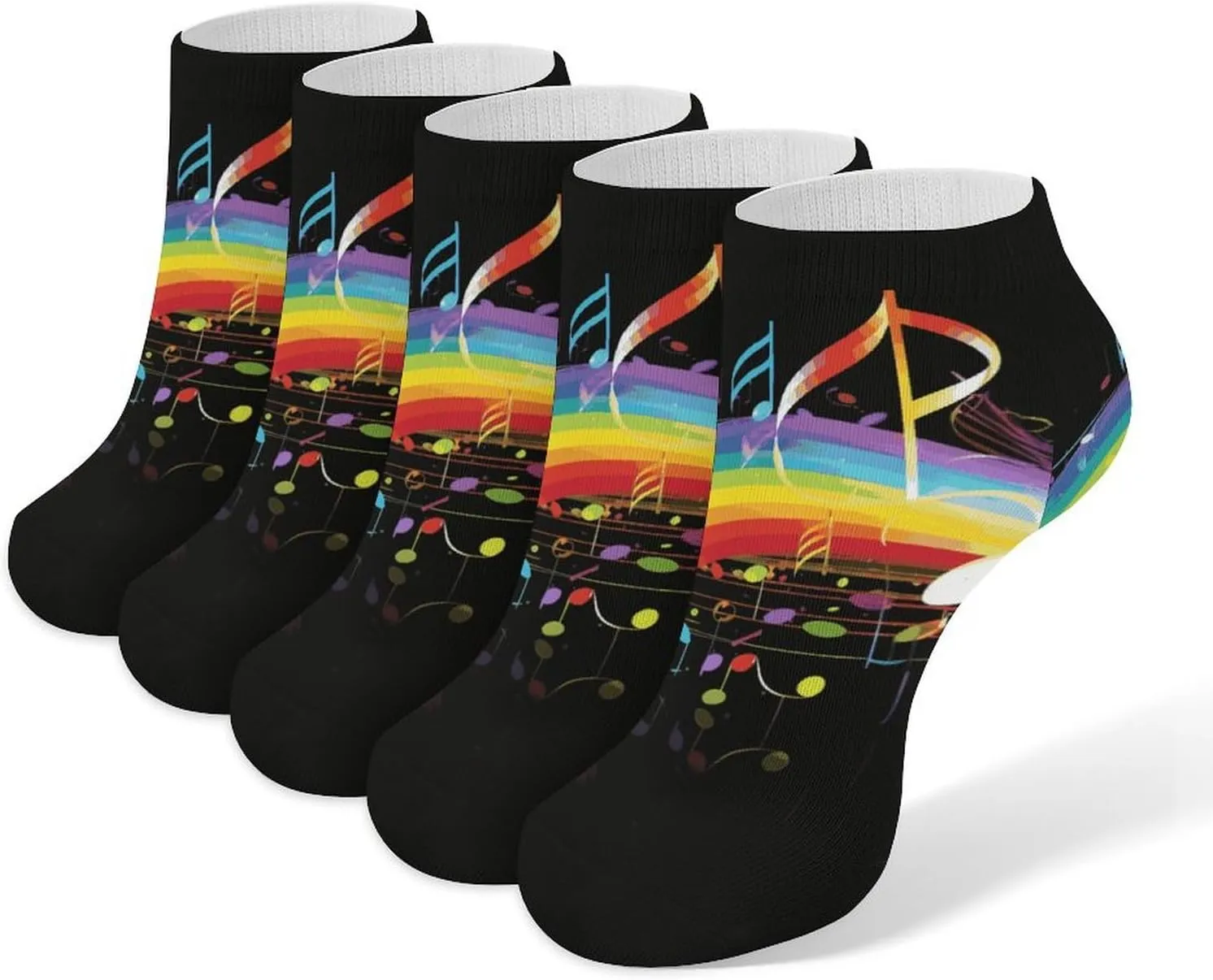 Rainbow Musical Note Melody Ankle Socks for Men & Women, 5 Pairs Breathable Soft Low Cut Socks, Stretch Sweat Wicking Sox