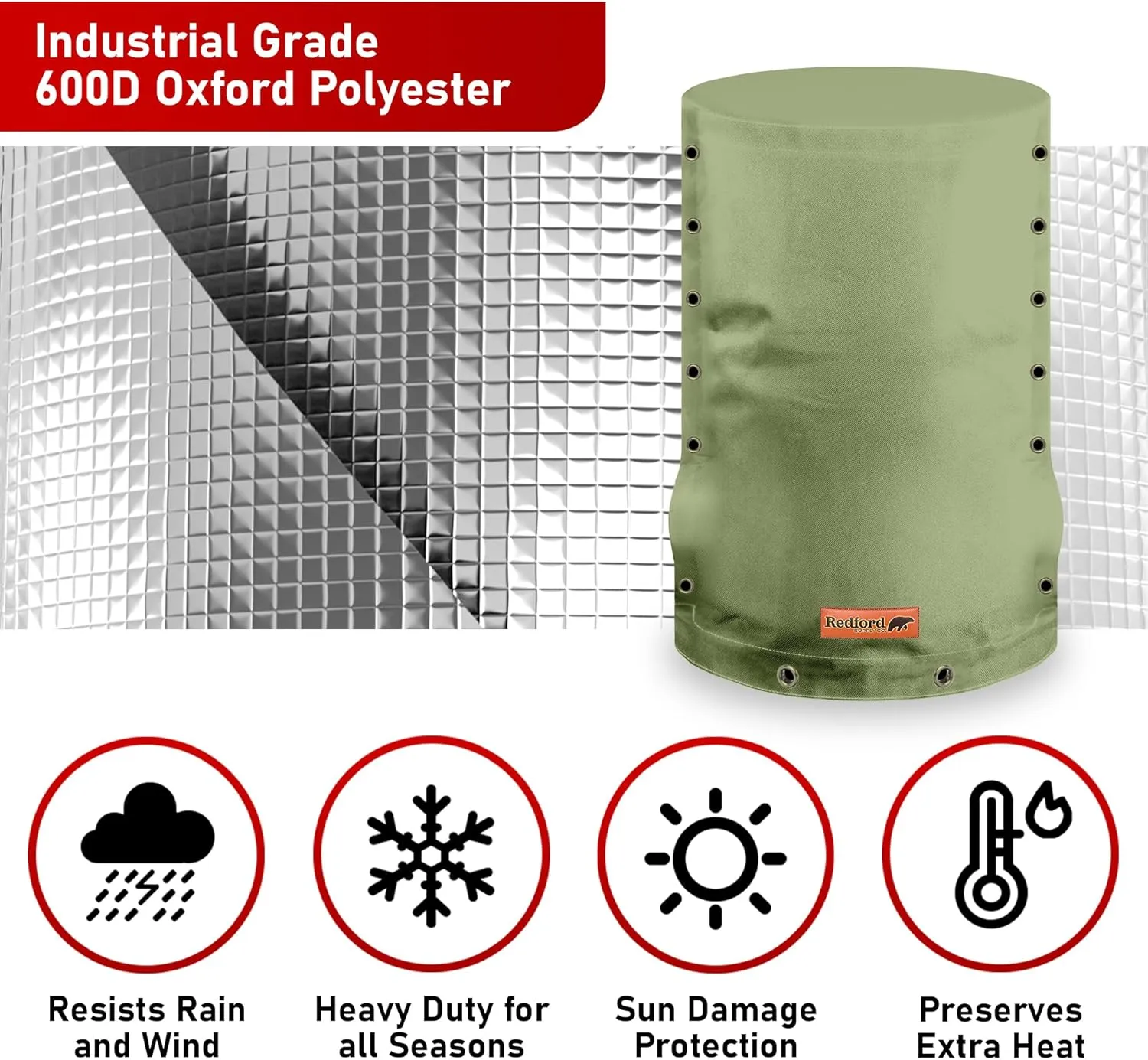 Redford Supply Co. Cold Snap (5°F) Round Pressure Tank Cover Insulation, 3-Way Round, 20"Diameter x 44"H, Water Well Tank Covers Insulated, Well Pump Cover Insulated Freeze Proof, for Winter (Green)