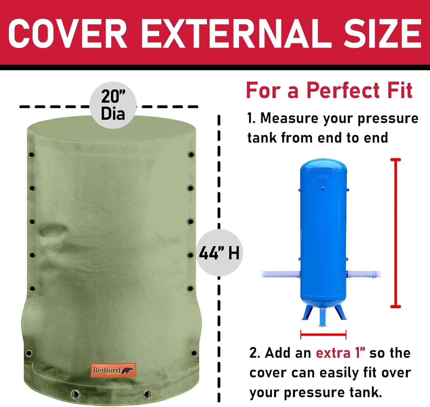 Redford Supply Co. Cold Snap (5°F) Round Pressure Tank Cover Insulation, 3-Way Round, 20"Diameter x 44"H, Water Well Tank Covers Insulated, Well Pump Cover Insulated Freeze Proof, for Winter (Green)