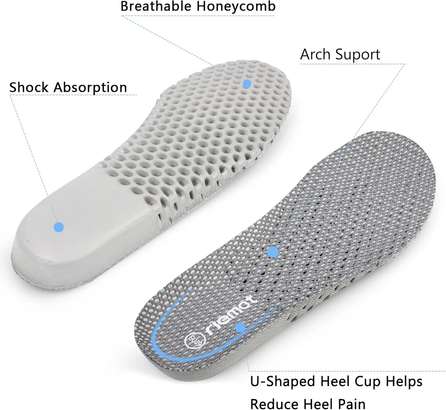 riemot 3 Pairs Shoe Insoles for Men Breathable Honeycomb Water Shoes Inserts Cushioning Shock Absorbing Insole Replacement Insoles for Work Shoes Grey US12/ EU45