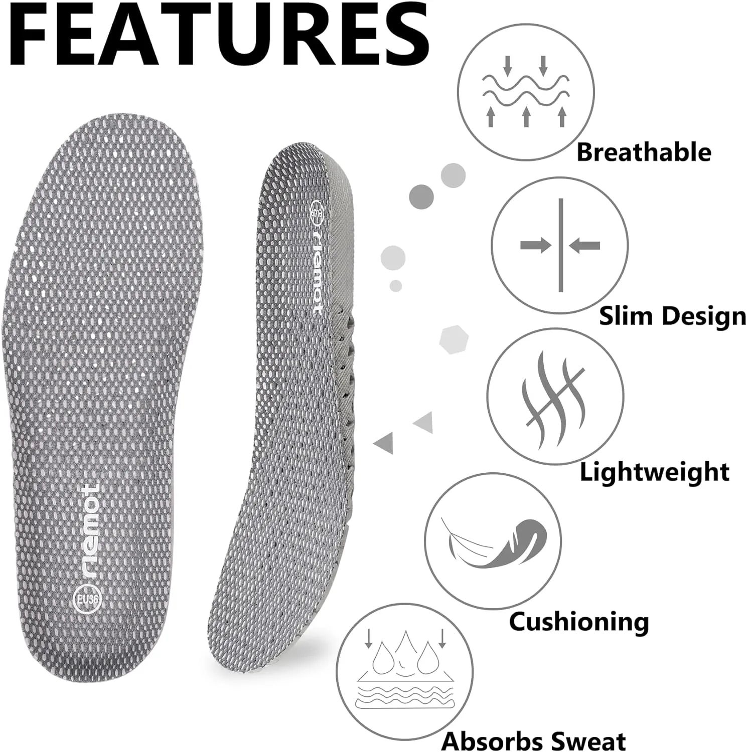 riemot 3 Pairs Shoe Insoles for Men Breathable Honeycomb Water Shoes Inserts Cushioning Shock Absorbing Insole Replacement Insoles for Work Shoes Grey US12/ EU45