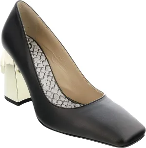 ROBERTO CAVALLI Class Black/Gold Leather Square Toe Block High Heel Pump- for Womens