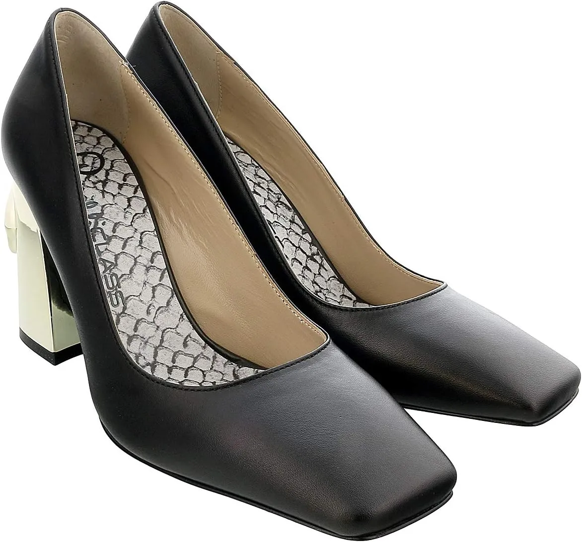 ROBERTO CAVALLI Class Black/Gold Leather Square Toe Block High Heel Pump- for Womens