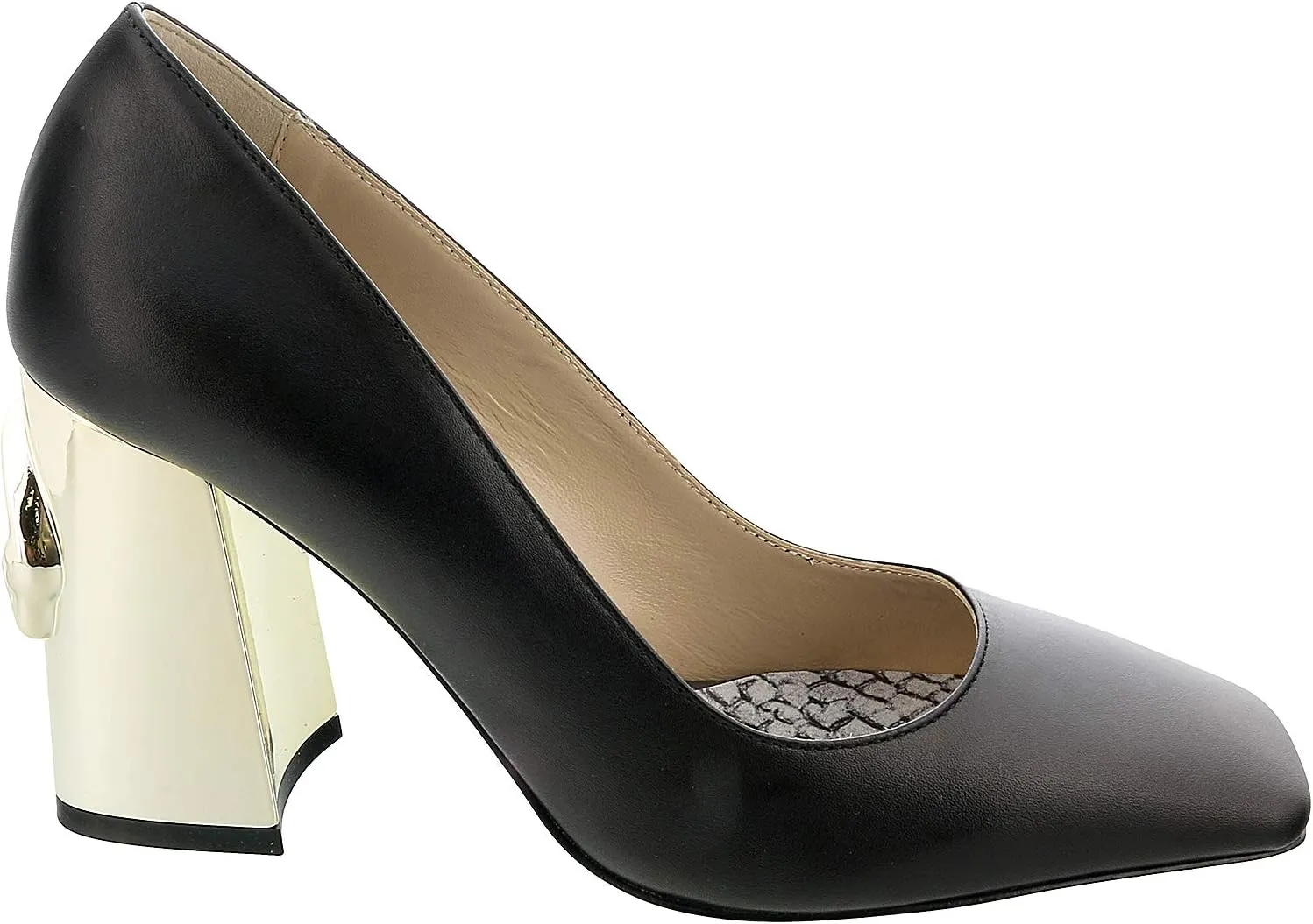 ROBERTO CAVALLI Class Black/Gold Leather Square Toe Block High Heel Pump- for Womens