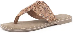 ROPER Women's Tan Floral Embossed Leather Sandal