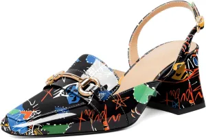 SAMMITOP Women Slingback Low Chunky Heels Loafer Pumps Metal Buckle Block Heeled Sandals Closed Square Toe Dress Shoes Work Office Casual 2.5 Inch