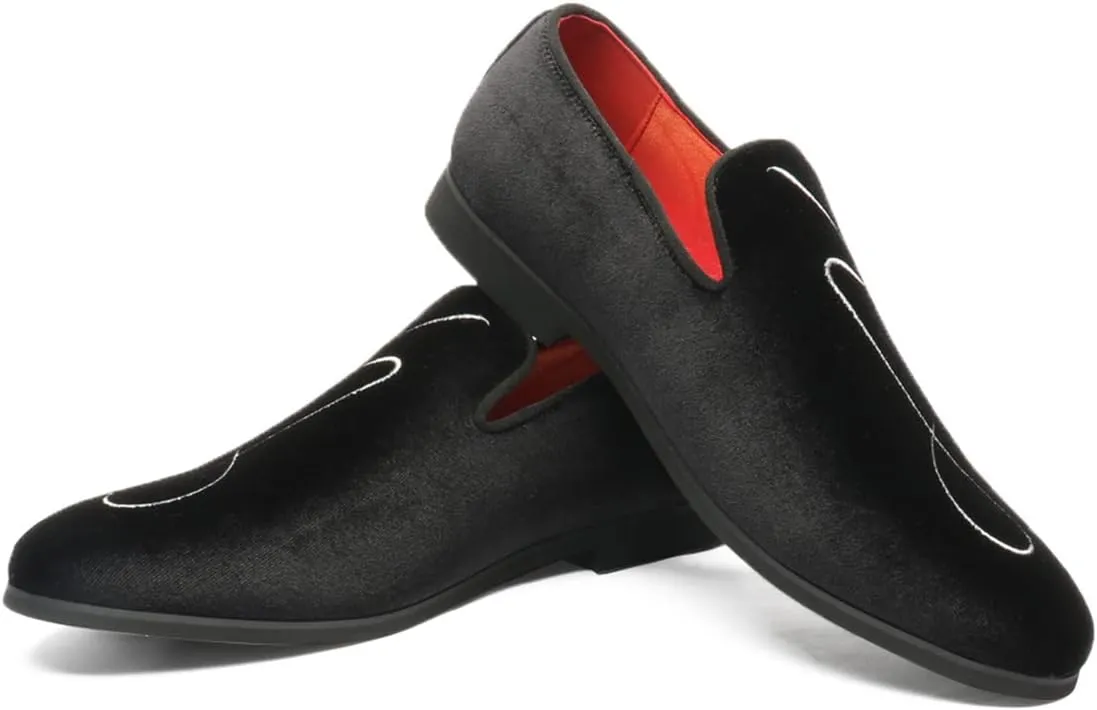 Santimon Men's Loafers Velvet Embroidery Slip on Penny Party Wedding Prom Shoes