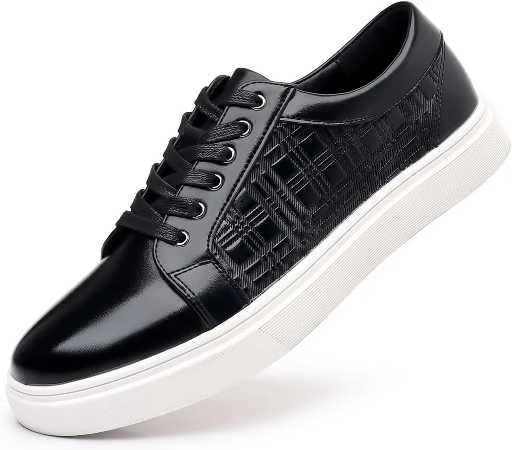 Santimon Men's Low-Top Leather Sneakers Classic Plaid Slip On Shoes