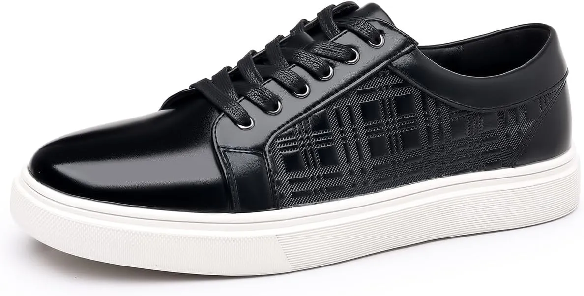 Santimon Men's Low-Top Leather Sneakers Classic Plaid Slip On Shoes