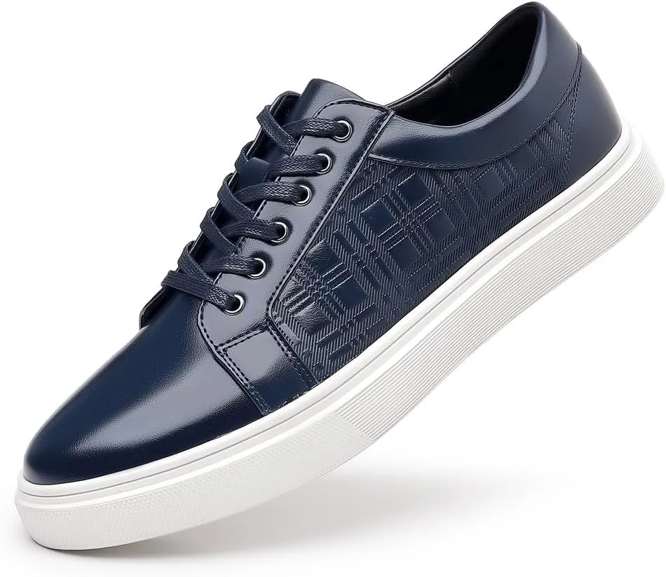 Santimon Men's Low-Top Leather Sneakers Classic Plaid Slip On Shoes