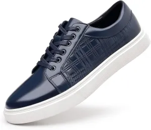 Santimon Men's Low-Top Leather Sneakers Classic Plaid Slip On Shoes