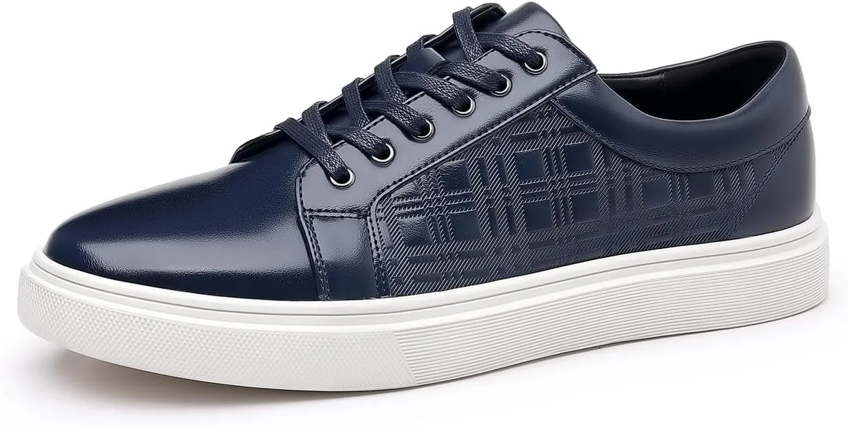 Santimon Men's Low-Top Leather Sneakers Classic Plaid Slip On Shoes