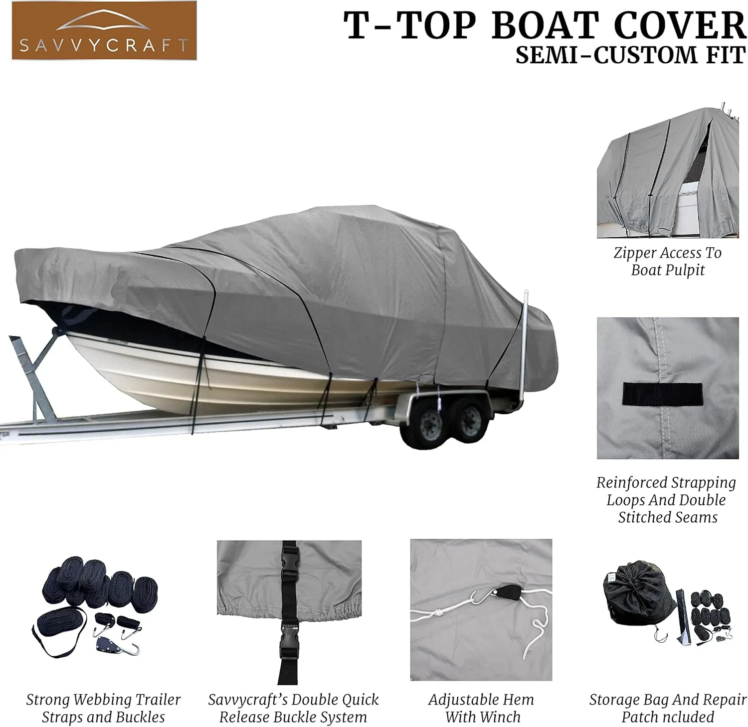 SavvyCraft Heavy Duty Hard/T-Top Boat Cover Center Console T-Top Boat Cover Gray fits up to 34ft