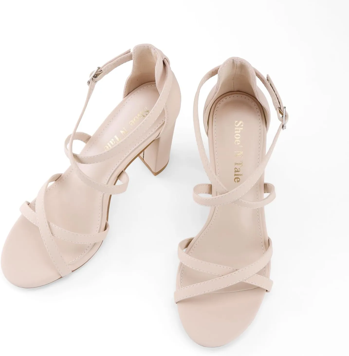 Shoe'N Tale Chunky Block High Strappy Heels for Women Pump Heeled Sandals Open Toe Ankle Strap Buckle Party Wedding Prom Dress Shoes