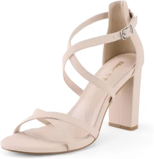 Shoe'N Tale Chunky Block High Strappy Heels for Women Pump Heeled Sandals Open Toe Ankle Strap Buckle Party Wedding Prom Dress Shoes