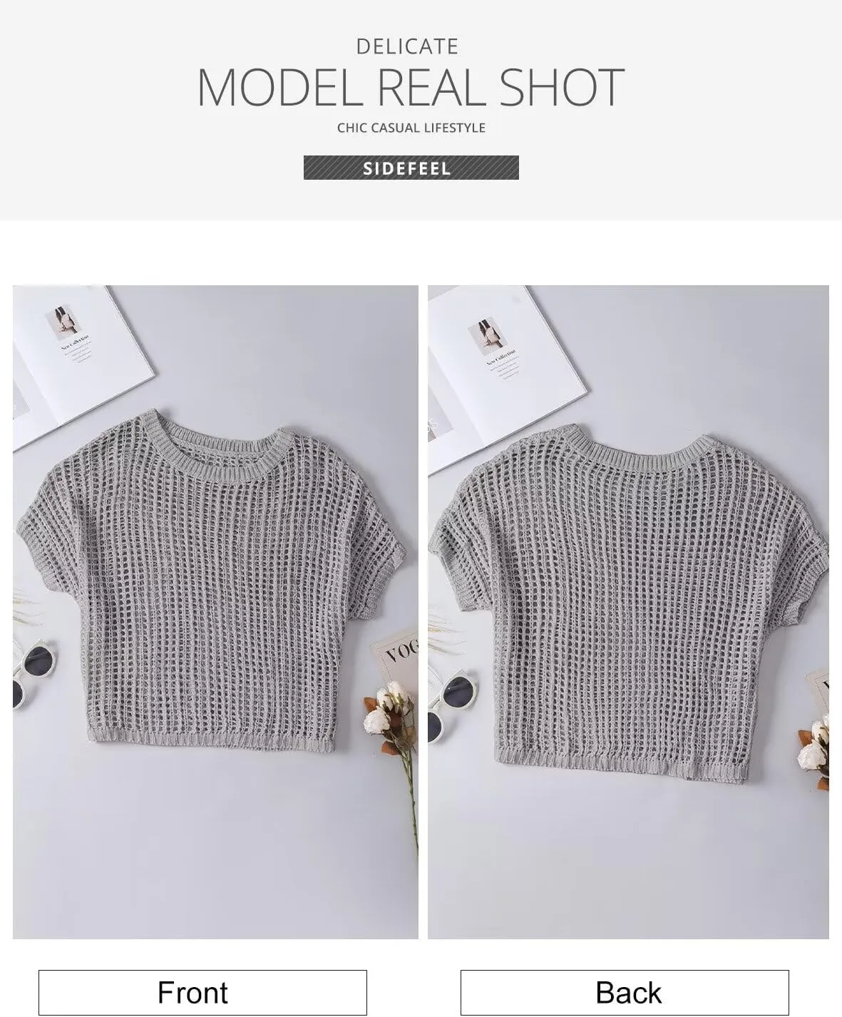 Sidefeel Women's Crochet Tops Short Sleeve Sweater 2025 Fashion Hollow Out Scoop Neck Pullover Knit Tops Cover Ups