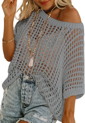 Sidefeel Women's Crochet Tops Short Sleeve Sweater 2025 Fashion Hollow Out Scoop Neck Pullover Knit Tops Cover Ups