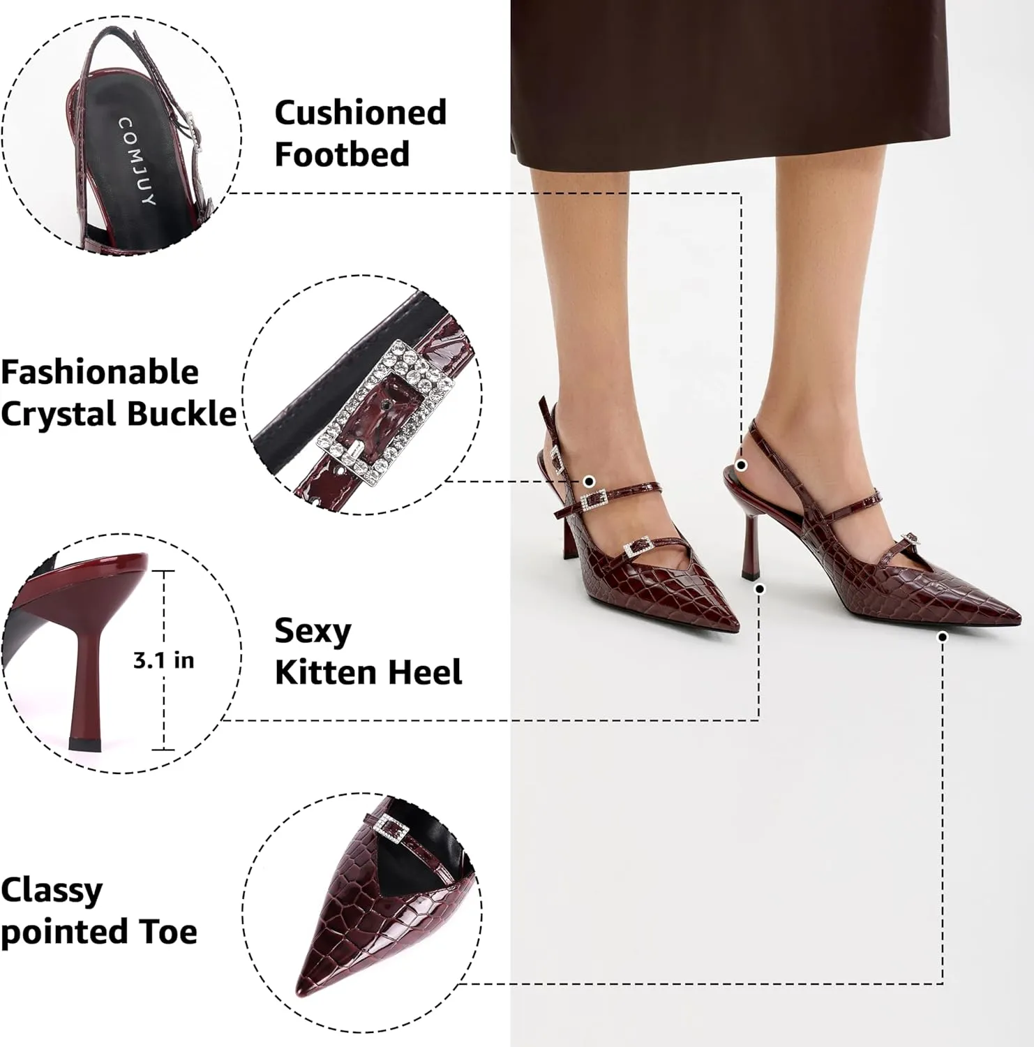 Slingback Heels for Women with Crystal Straps Pointed Toe Dress Sandals with Kitten Heel for Wedding Office Party or Formal Events