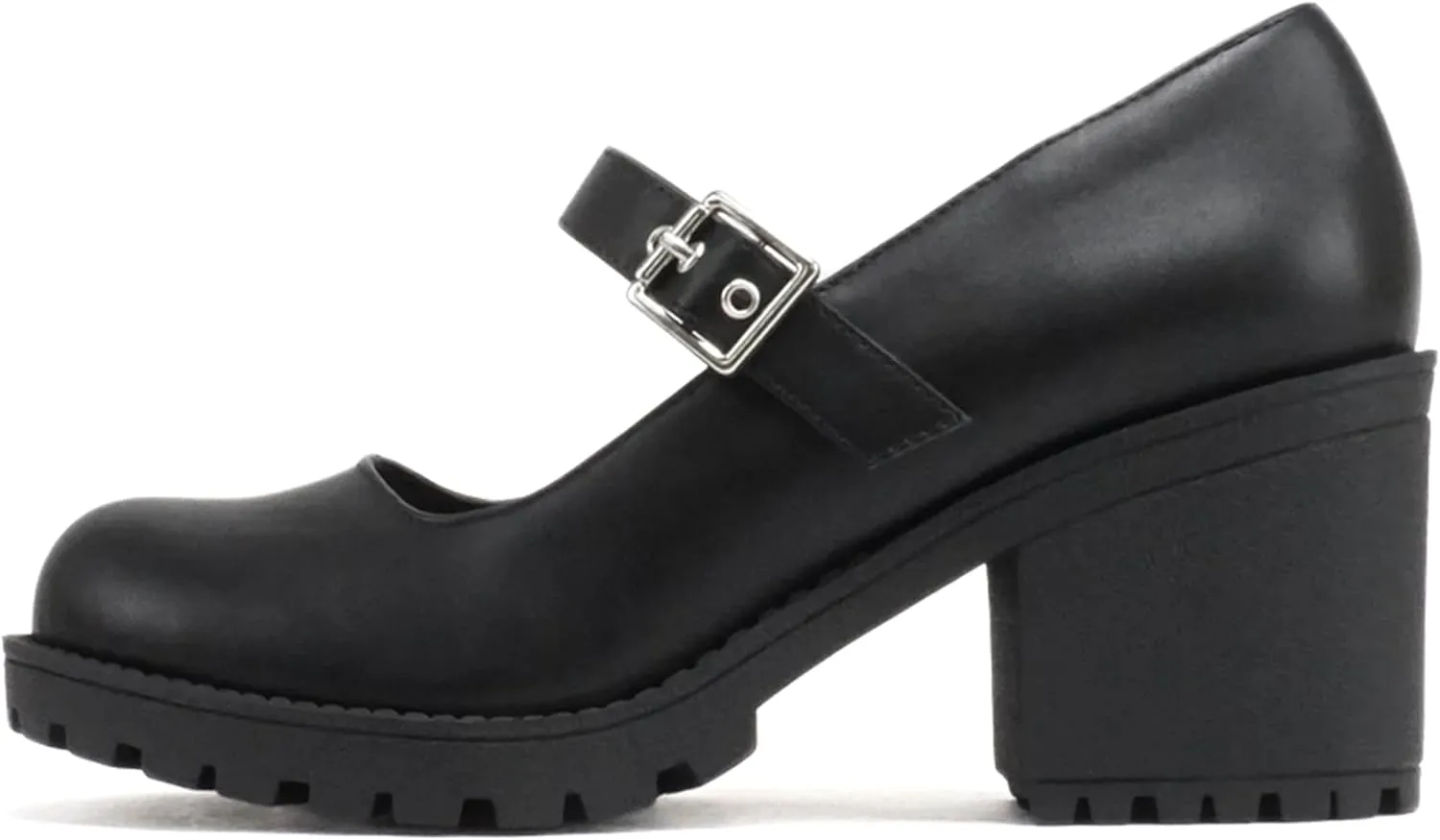 Soda “Eviana” ~ Women Mary Jane Round Toe Mid Chunky Block Heel Lug Sole Pump with Adjustable Strap