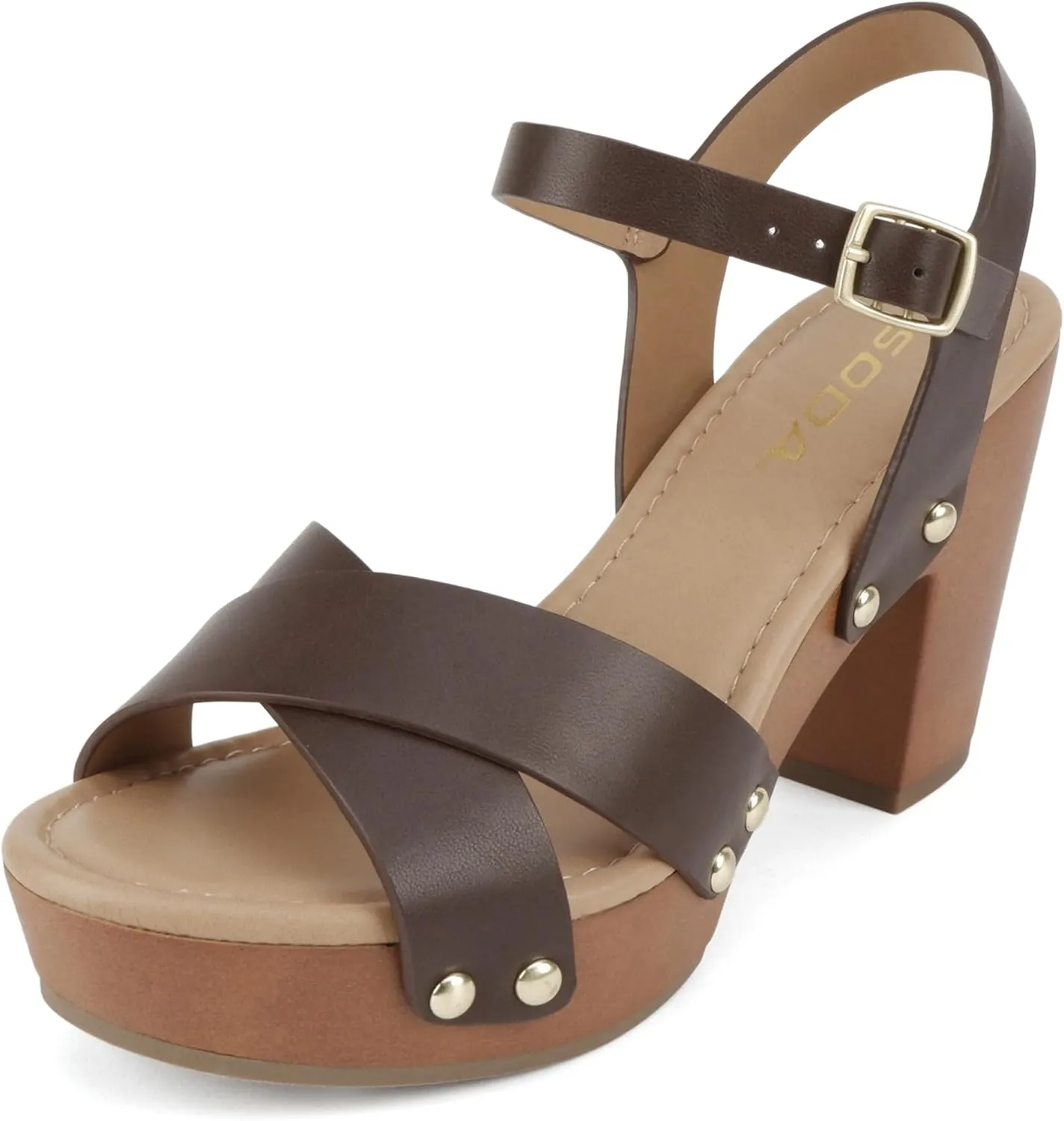 Soda MIGUEL ~ Women Crisscross Band Fashion Chunky Platform Block Mid Heel Sandal with Ankle Strap and Stud