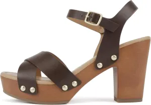 Soda MIGUEL ~ Women Crisscross Band Fashion Chunky Platform Block Mid Heel Sandal with Ankle Strap and Stud