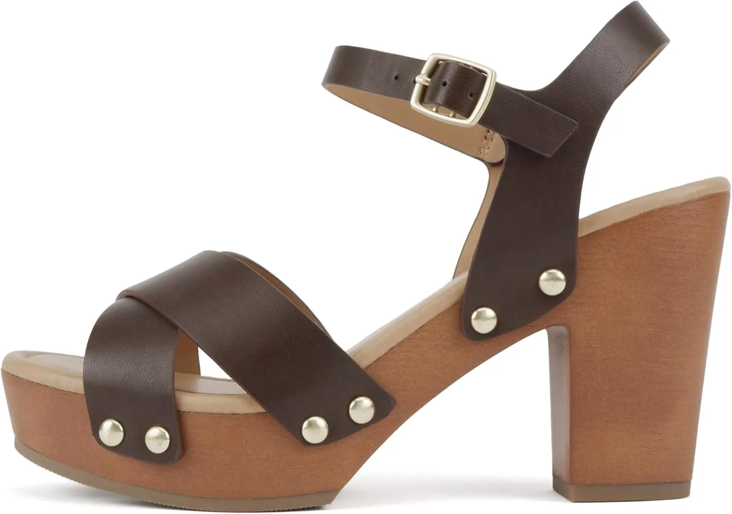 Soda MIGUEL ~ Women Crisscross Band Fashion Chunky Platform Block Mid Heel Sandal with Ankle Strap and Stud
