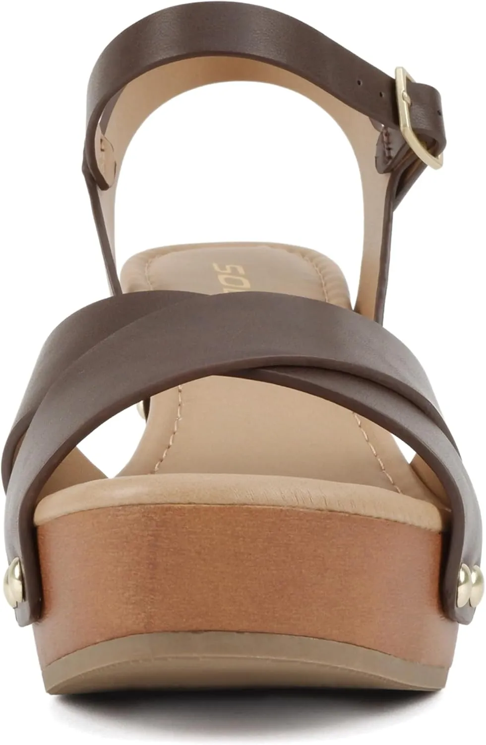 Soda MIGUEL ~ Women Crisscross Band Fashion Chunky Platform Block Mid Heel Sandal with Ankle Strap and Stud