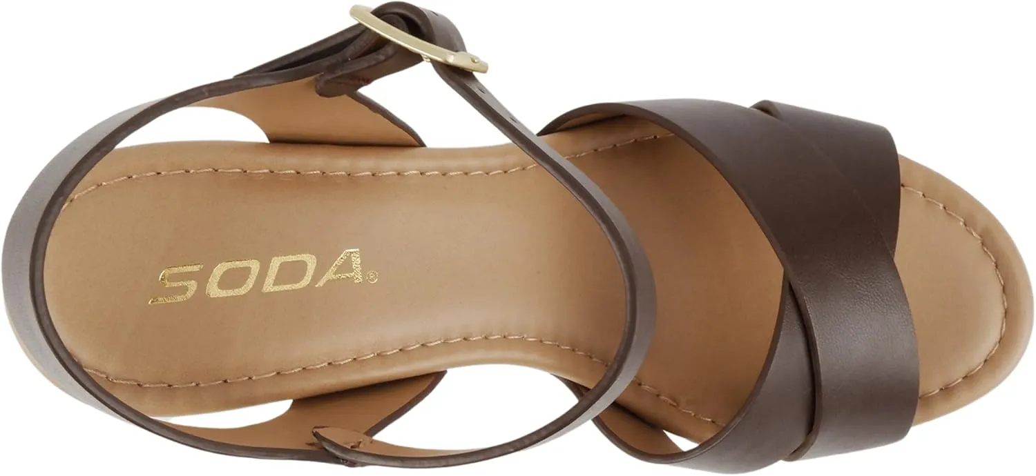 Soda MIGUEL ~ Women Crisscross Band Fashion Chunky Platform Block Mid Heel Sandal with Ankle Strap and Stud