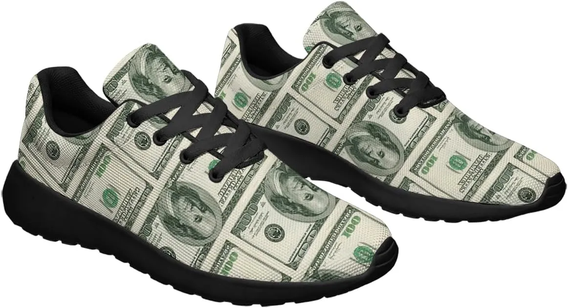 Sonzj-II Money Pattern Fashion Ultra Lightweight Running Sneakers Men Women 100 Dollar Bill Print Walking Tennis Shoes