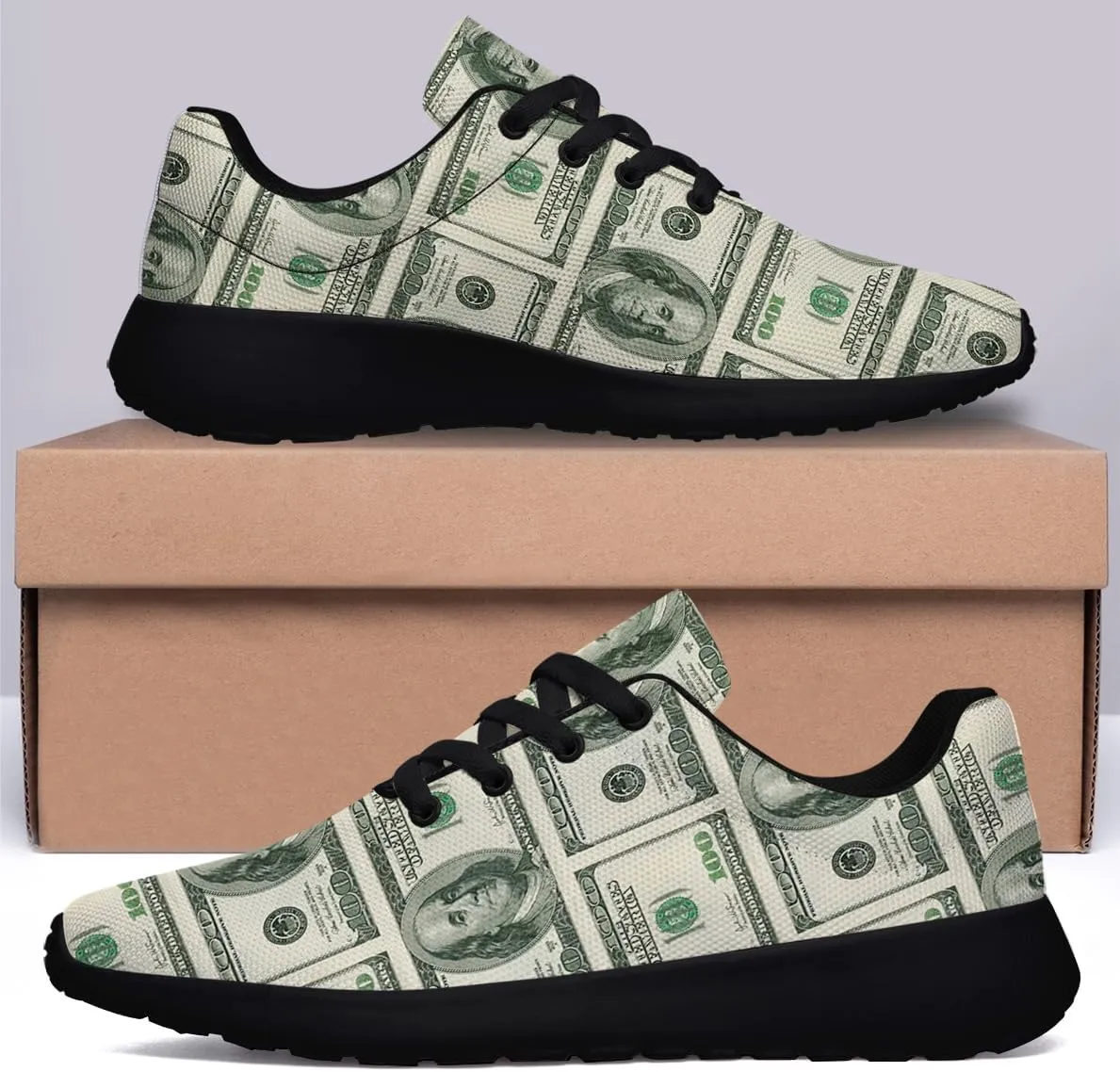 Sonzj-II Money Pattern Fashion Ultra Lightweight Running Sneakers Men Women 100 Dollar Bill Print Walking Tennis Shoes