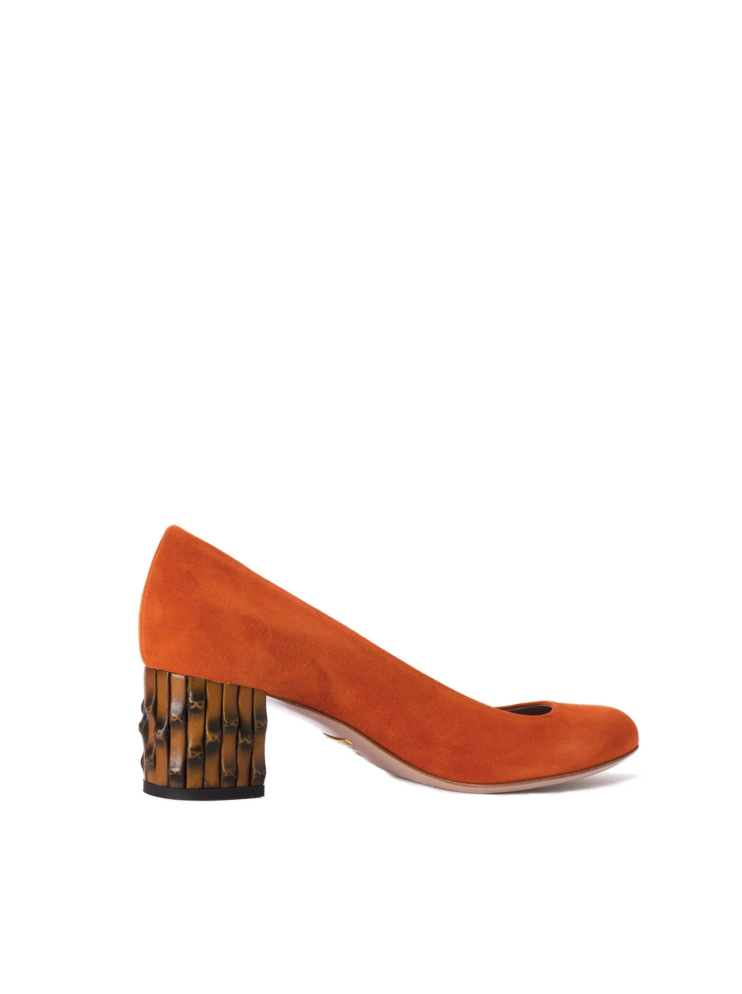 Suede Round Toe Bamboo Heel Low-Heel Pump - Orange