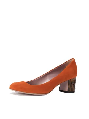 Suede Round Toe Bamboo Heel Low-Heel Pump - Orange