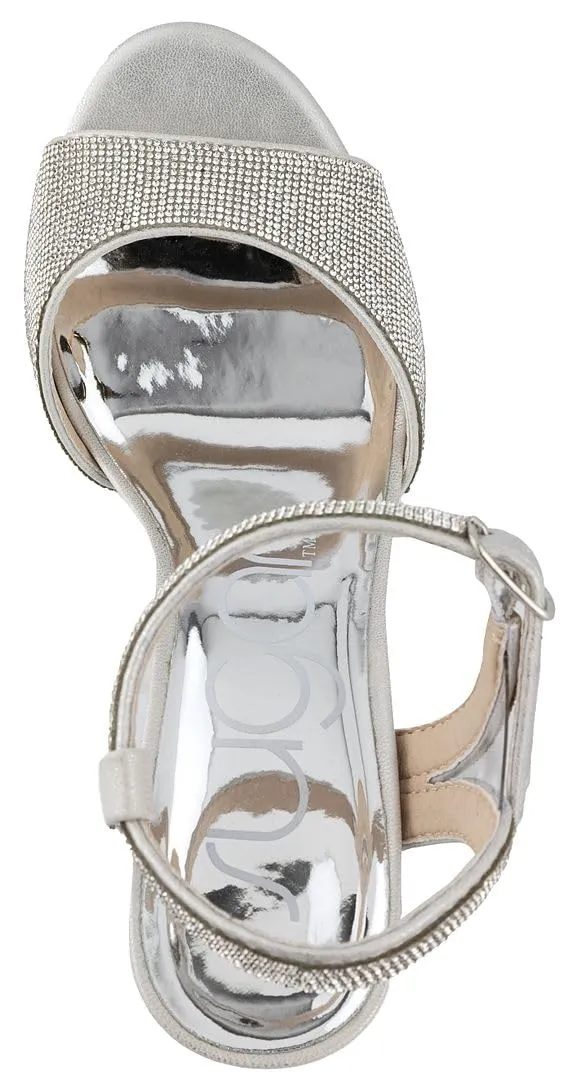 Sugar Women's Two Piece Block Heel Dress Shoe Ladies Ankle Strap Pump Sandal with Bead Detail - Open Back - Prisila Silver 9