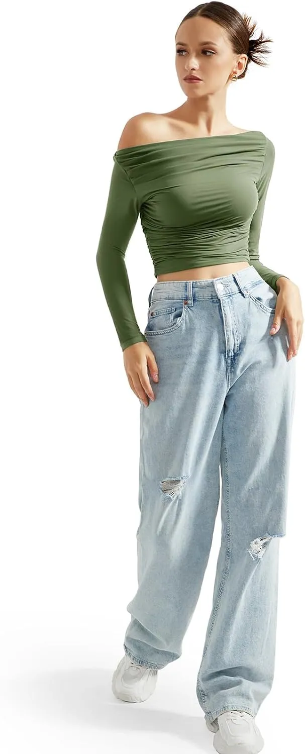 SUUKSESS Women Off Shoulder Long Sleeve Shirts Double Lined Fitted Crop Tops
