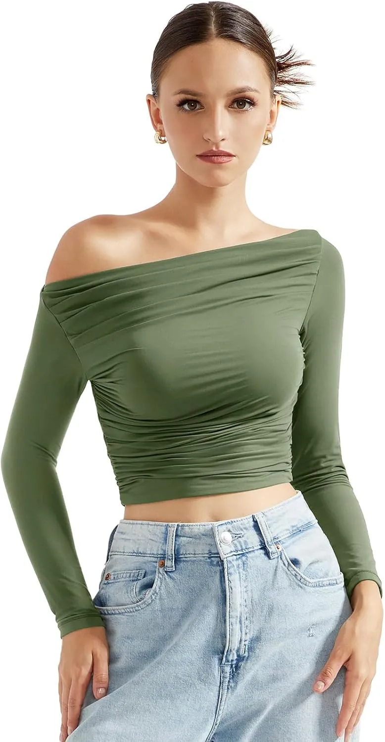 SUUKSESS Women Off Shoulder Long Sleeve Shirts Double Lined Fitted Crop Tops