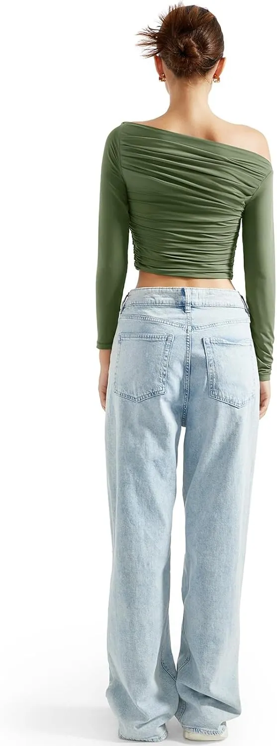 SUUKSESS Women Off Shoulder Long Sleeve Shirts Double Lined Fitted Crop Tops