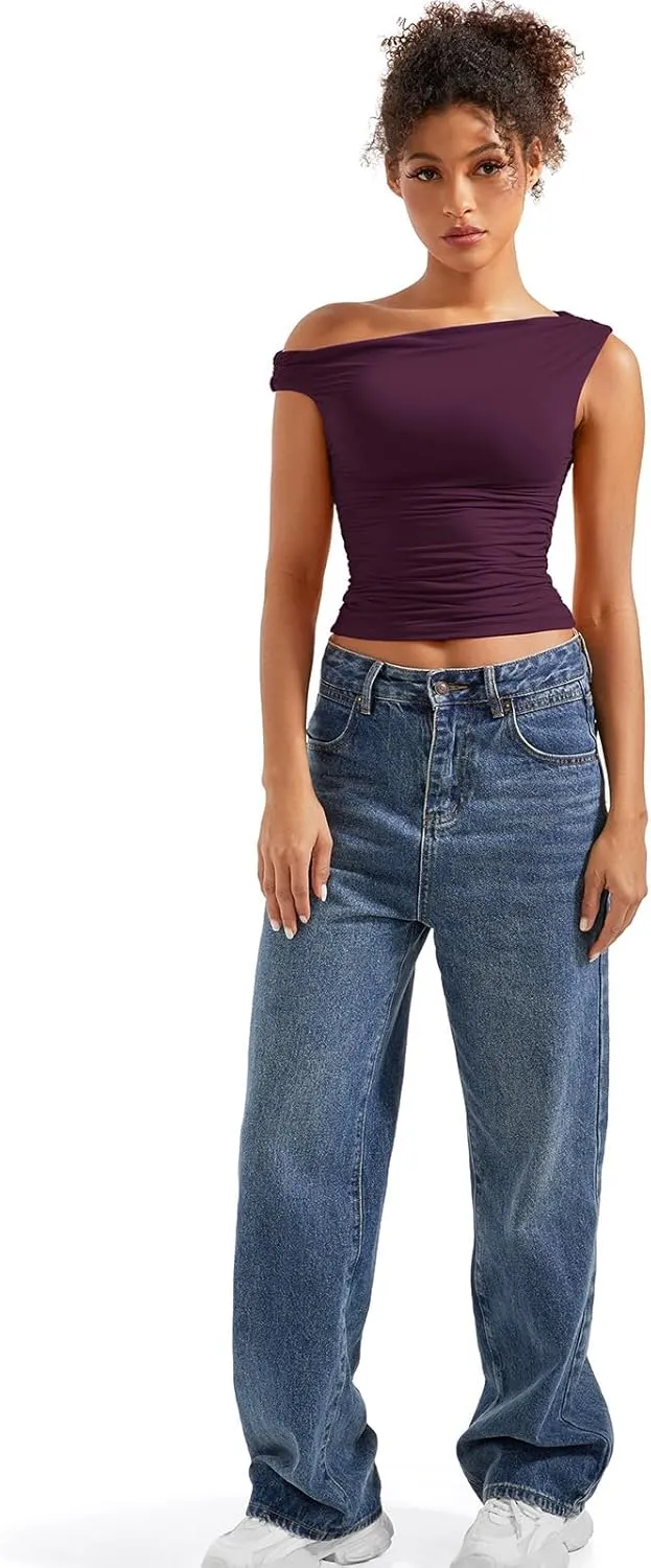 SUUKSESS Women Off Shoulder Tops Sleeveless Shirts Y2K Going Out Crop Tank Top
