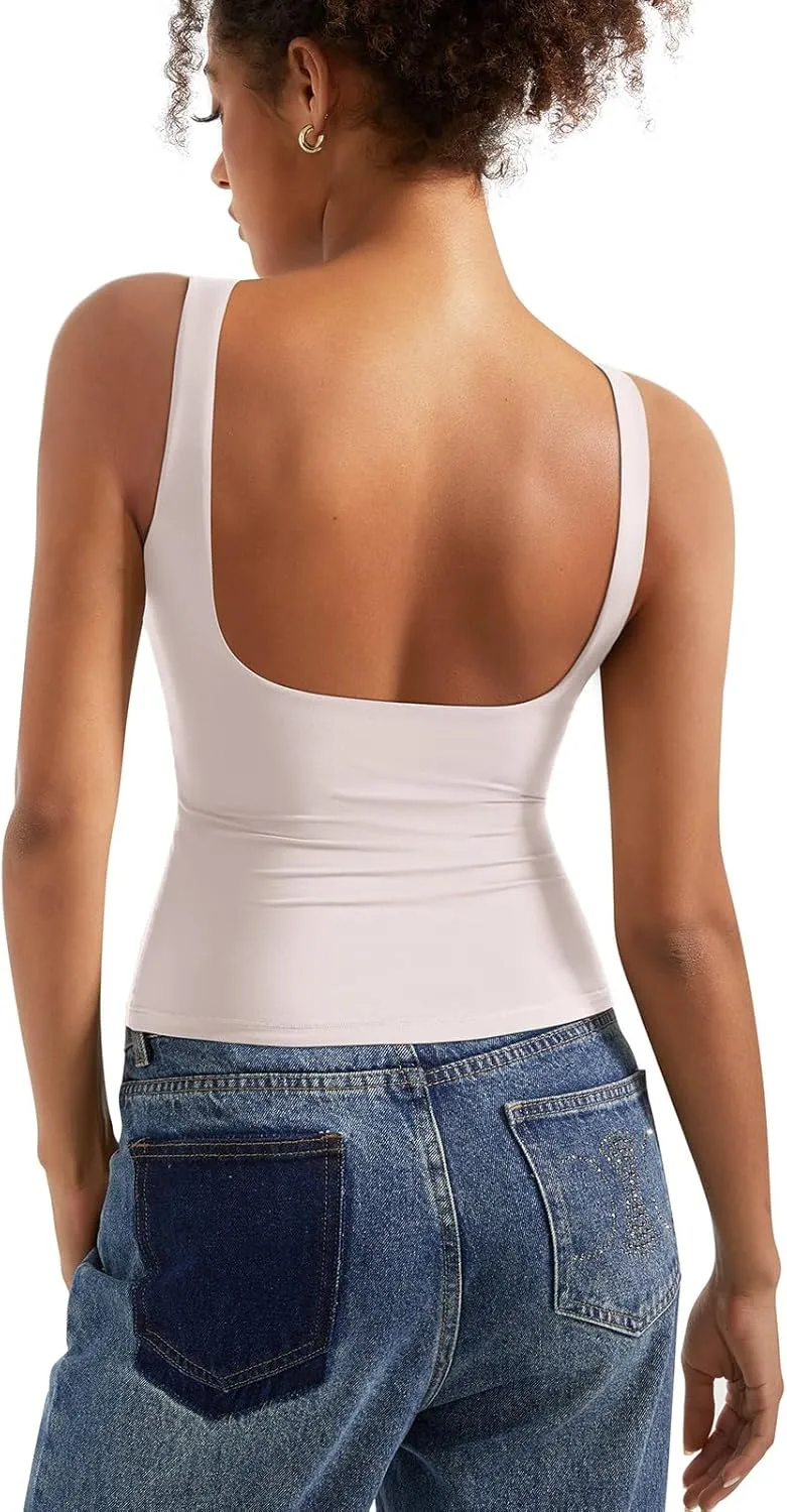 SUUKSESS Women Padded Open Back Boat Neck Tank Tops Double Lined Basic Shirts