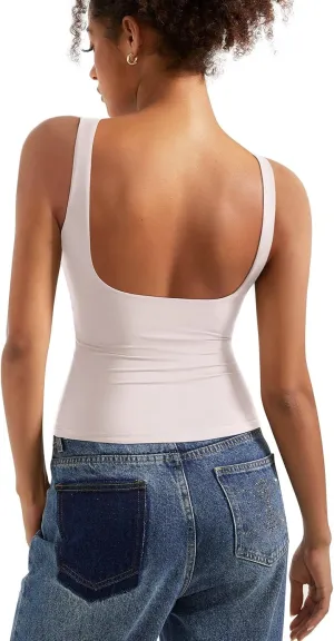 SUUKSESS Women Padded Open Back Boat Neck Tank Tops Double Lined Basic Shirts
