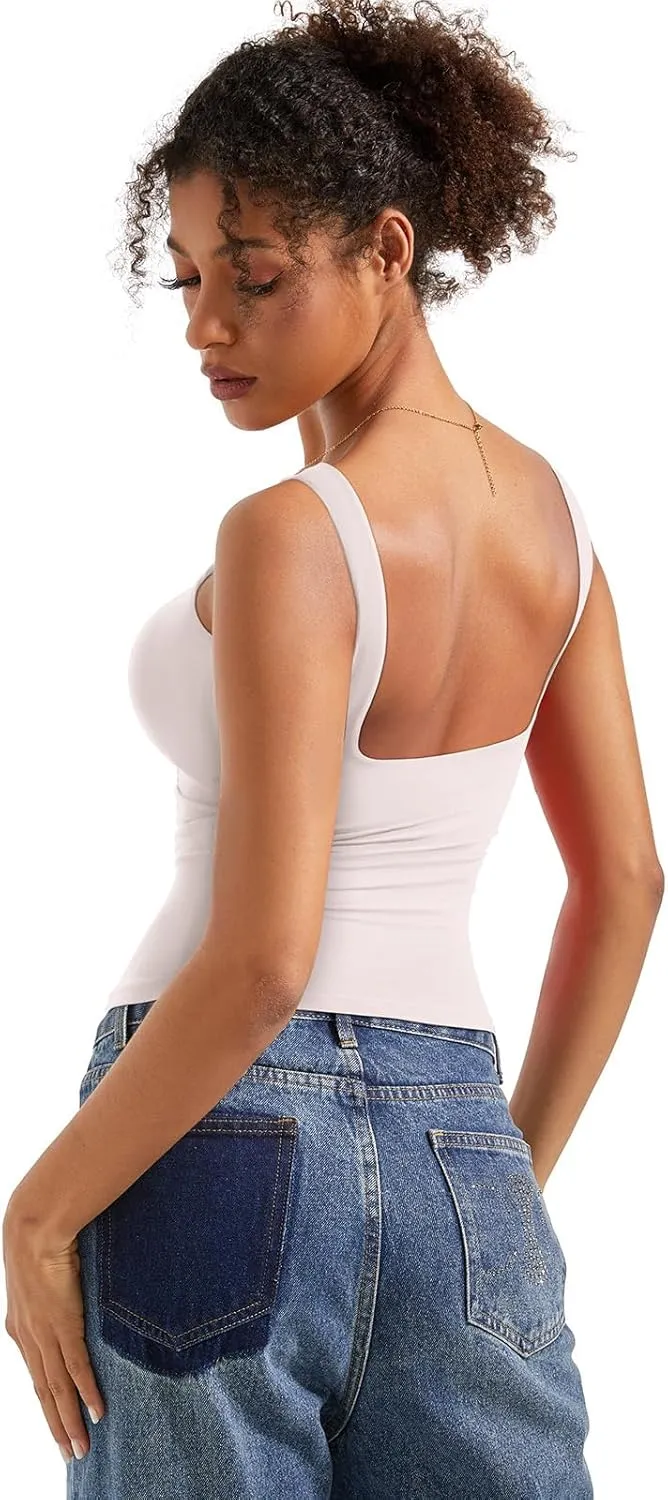 SUUKSESS Women Padded Open Back Boat Neck Tank Tops Double Lined Basic Shirts