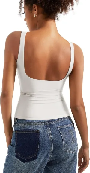 SUUKSESS Women Padded Open Back Boat Neck Tank Tops Double Lined Basic Shirts