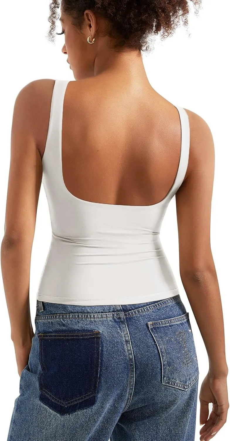 SUUKSESS Women Padded Open Back Boat Neck Tank Tops Double Lined Basic Shirts