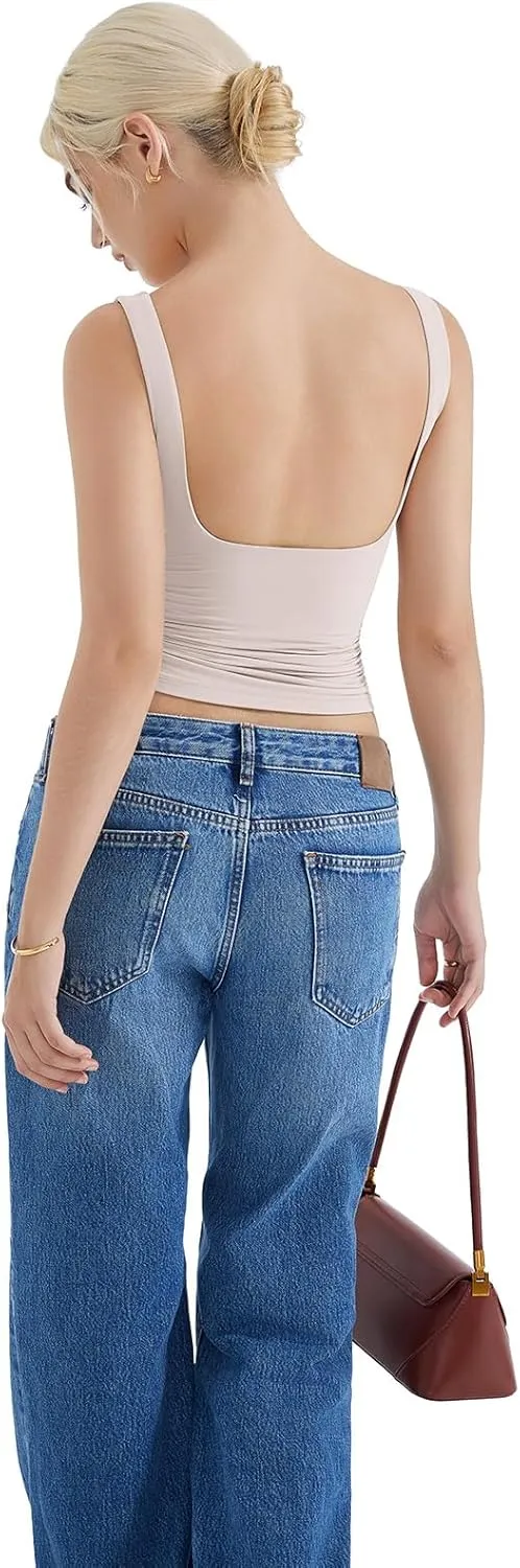 SUUKSESS Women Padded Open Back Boat Neck Tank Tops Double Lined Basic Shirts