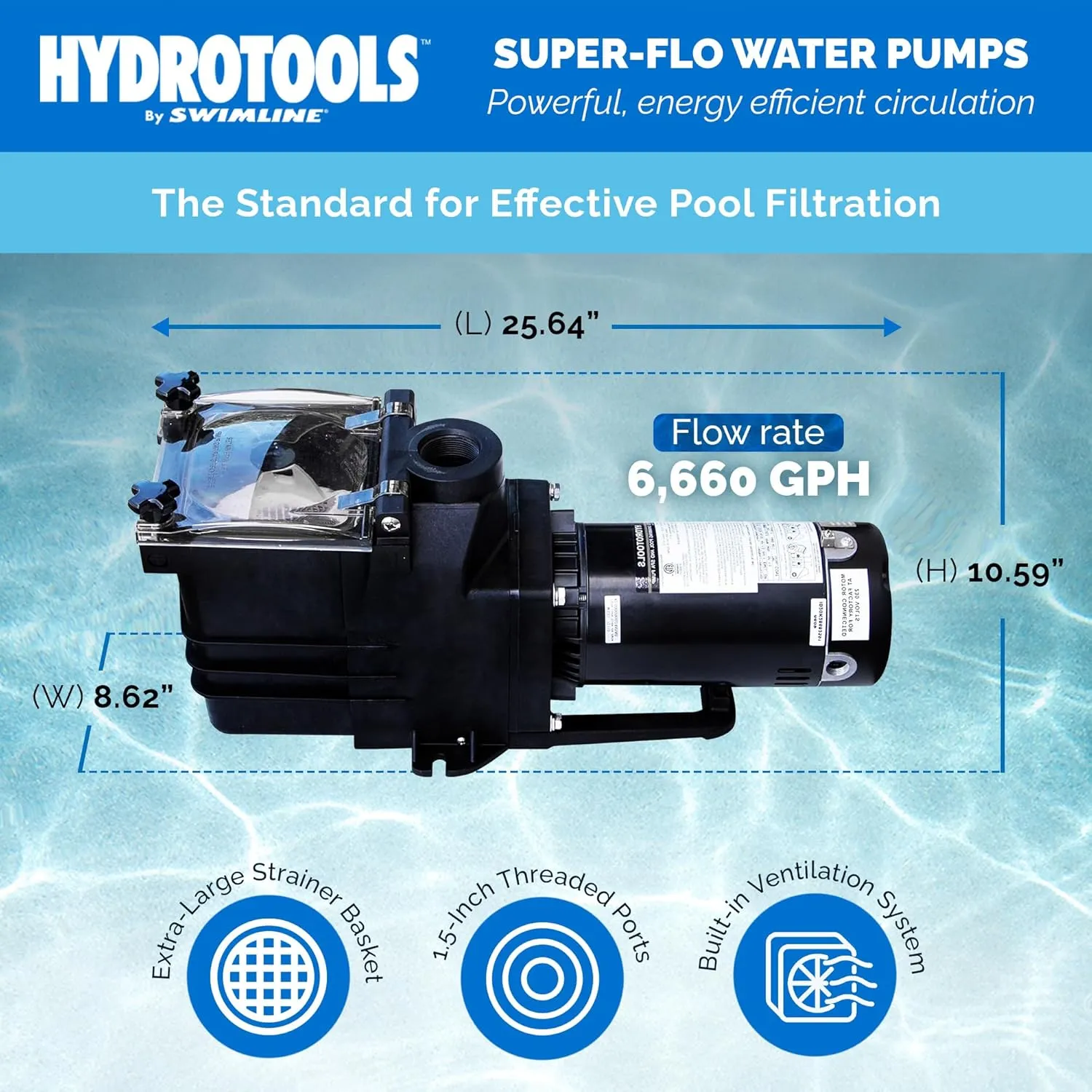 SWIMLINE HYDROTOOLS Swimming Pool Pump For Inground & Above Ground Pools | 1.5 HP, 6660 GPH Filter Pumps | 115/230 V, Powerful Flow W/ Strainer Basket Single Speed Silent Noise, DOE Replacement