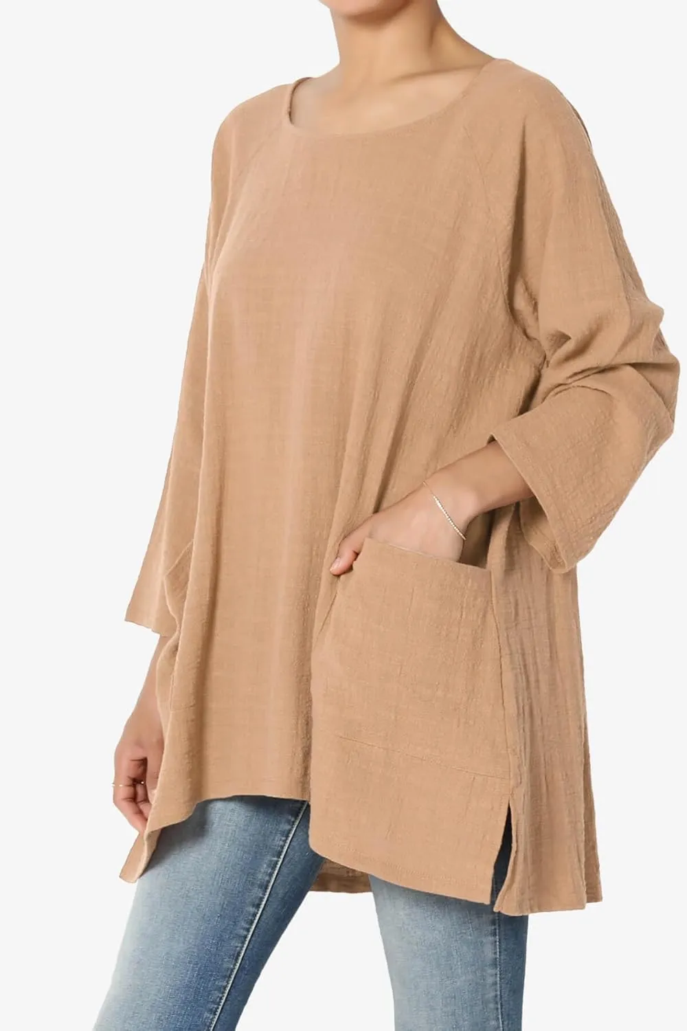 TheMogan Women's Crinkled Gauze Cotton Dual Pocket 3/4 Sleeve Hi Low Loose Fit Top Tunic