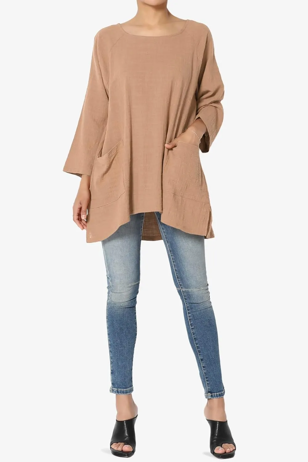 TheMogan Women's Crinkled Gauze Cotton Dual Pocket 3/4 Sleeve Hi Low Loose Fit Top Tunic
